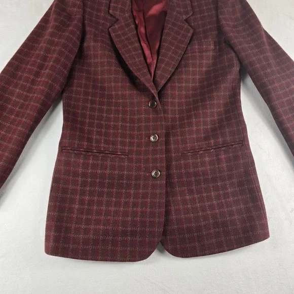 Vintage Eddie Bauer Women's Plaid Wool Blazer Size Small Burgundy‎ Brown Lined - Picture 5 of 11
